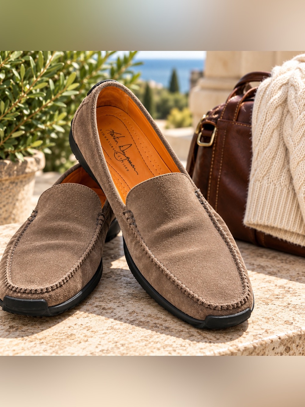 Martin Dingman Country Aire Suede Loafers Men’s 9 Brown Signature Stripe Moc